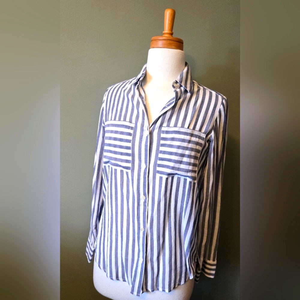Blue and White Striped Button-Up Shirt